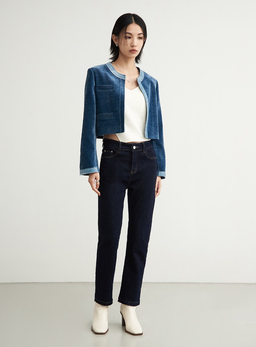 絨面無領雙色短版長袖外套